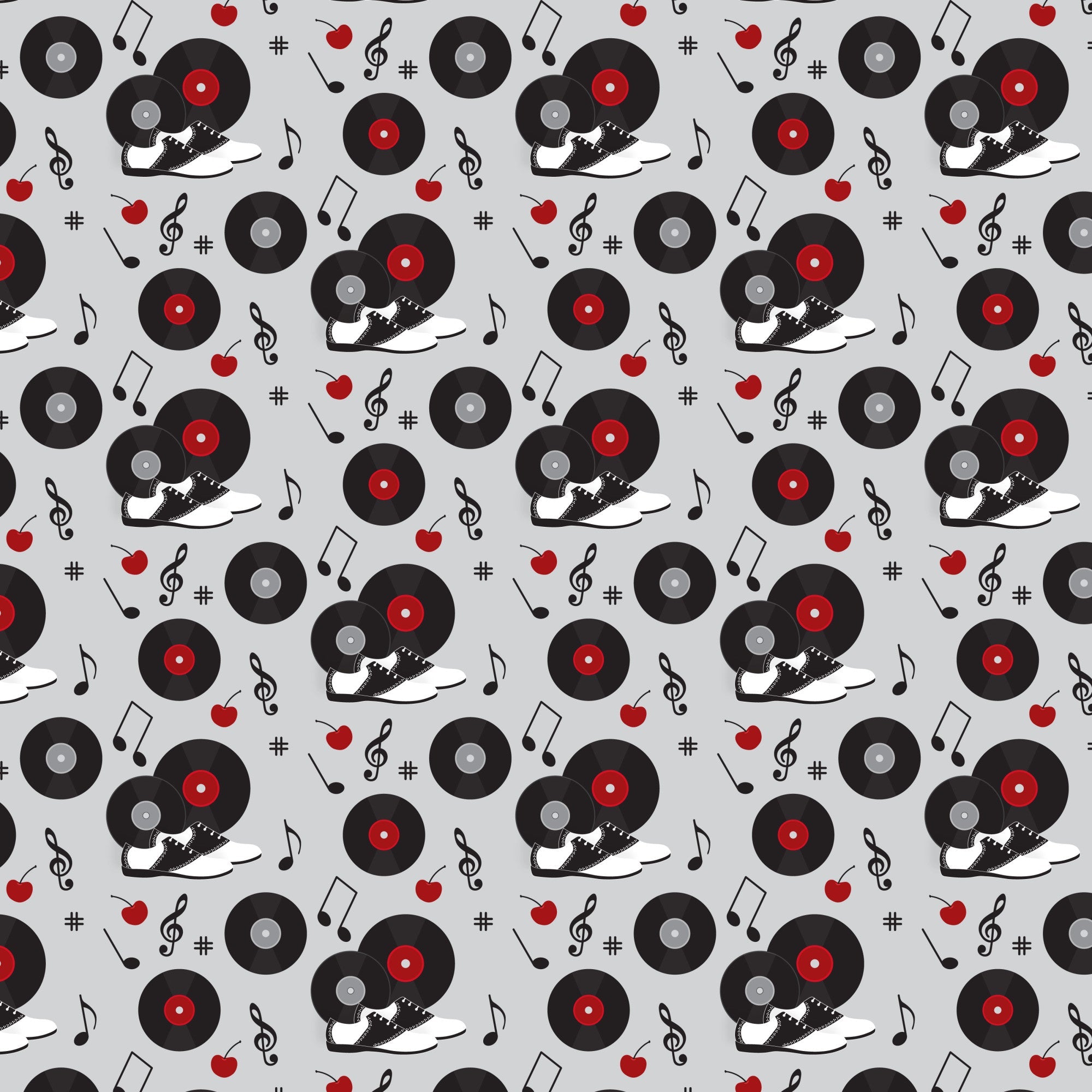 black, red, white, gray, vinyl records, turntables, sneakers, music notes, treble clef, apples, 1950s style, retro, diner aesthetic, repeating pattern,, fabric panel, musical instruments, rockabilly, vintage vibes, scattered motifs