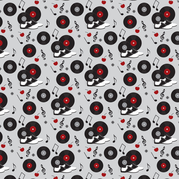 black, red, white, gray, vinyl records, turntables, sneakers, music notes, treble clef, apples, 1950s style, retro, diner aesthetic, repeating pattern,, fabric panel, musical instruments, rockabilly, vintage vibes, scattered motifs