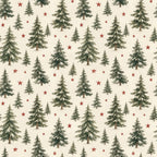 forest green, cream, red, evergreen trees, pine trees, stars, nature, woodland, rustic, traditional, christmas, holiday, winter, festive, cozy, cabin, lodge, vintage, scenic, coniferous trees, red stars, snow-dusted trees, natural, earth tones, seasonal, timeless, classic