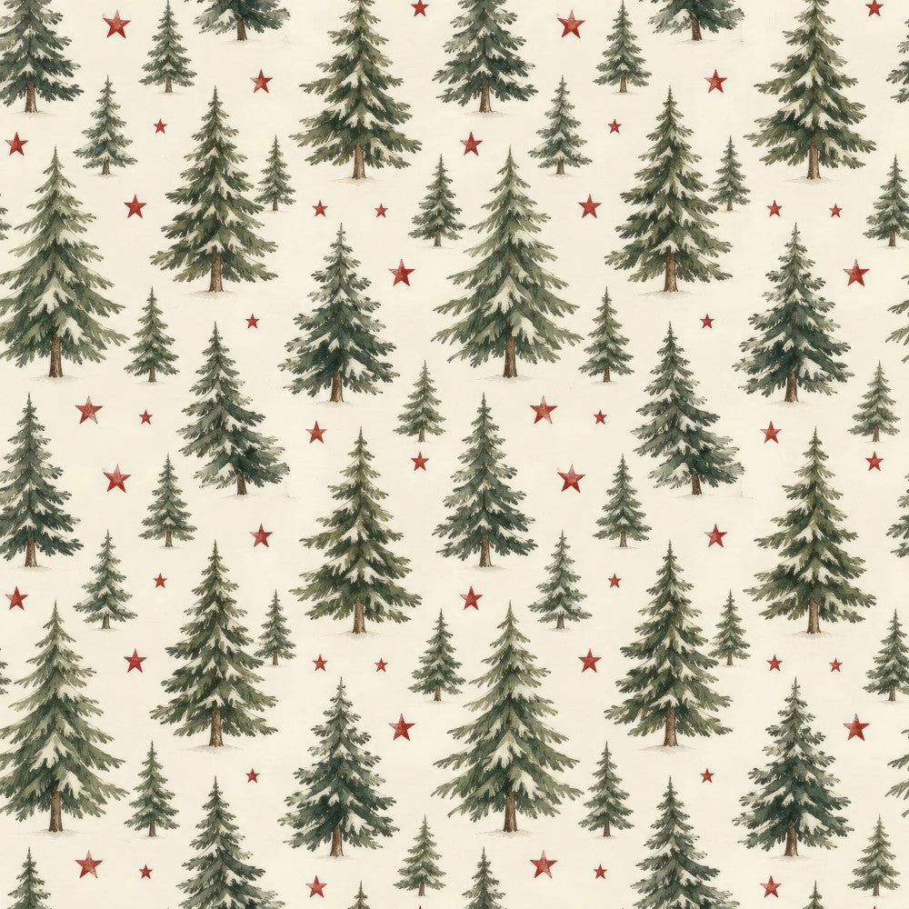 forest green, cream, red, evergreen trees, pine trees, stars, nature, woodland, rustic, traditional, christmas, holiday, winter, festive, cozy, cabin, lodge, vintage, scenic, coniferous trees, red stars, snow-dusted trees, natural, earth tones, seasonal, timeless, classic