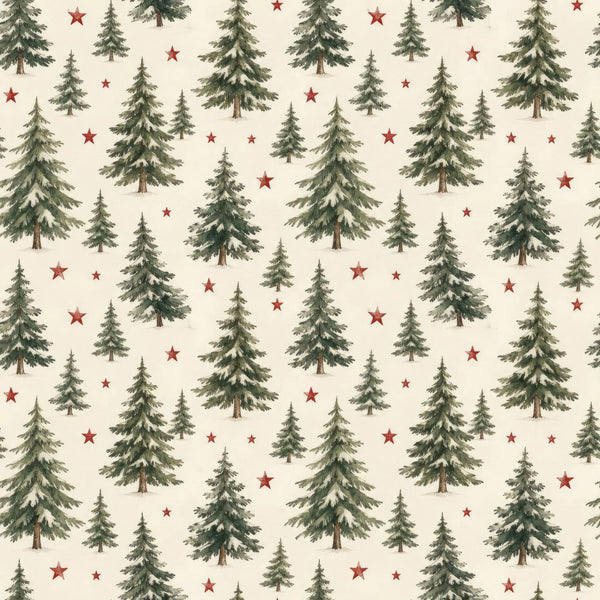forest green, cream, red, evergreen trees, pine trees, stars, nature, woodland, rustic, traditional, christmas, holiday, winter, festive, cozy, cabin, lodge, vintage, scenic, coniferous trees, red stars, snow-dusted trees, natural, earth tones, seasonal, timeless, classic