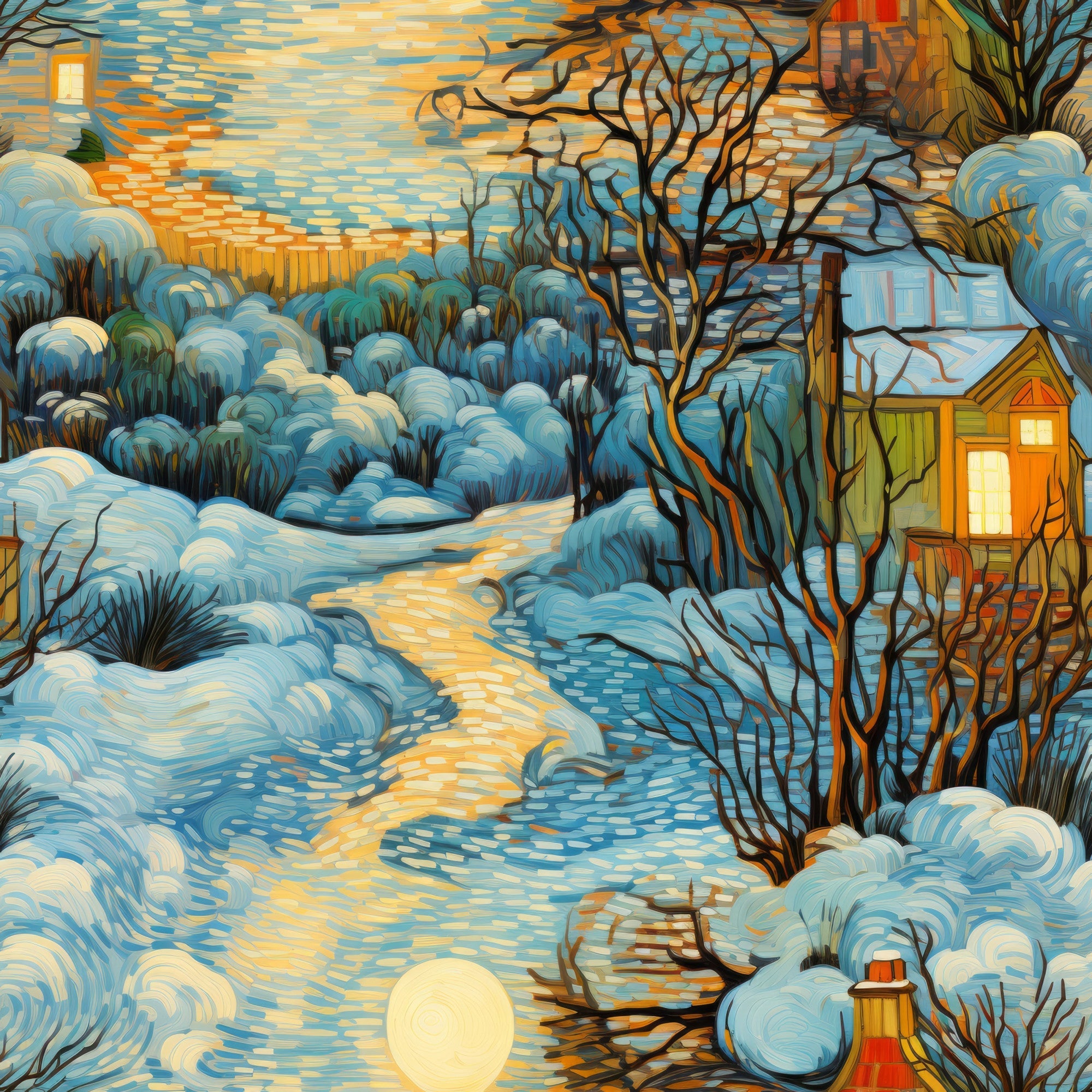 winter scene, dawn sky, snow covered landscape, cottage houses, bare trees, winding path, warm yellow light, orange sunset, blue snow shadows, cozy village,, fabric panel, scenic artwork, winter morning, glowing windows, snowy bushes, peaceful countryside, warm orange tones, cold blue hues, lantern post