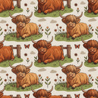 highland cows, cartoon animals, brown cattle, horned cows, pastoral scene, green grass, orange butterflies, wooden fence, flowers, clouds,, fabric panel, seamless pattern, farm animals, countryside, rustic charm, earthy tones, beige background, repeating motif, children's fabric