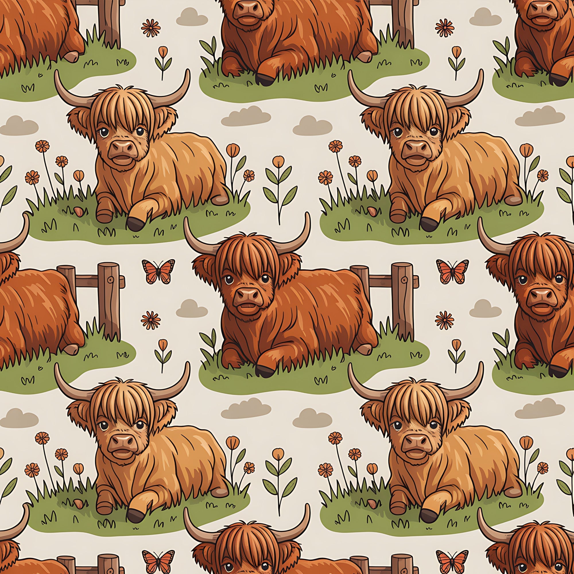 highland cows, cartoon animals, brown cattle, horned cows, pastoral scene, green grass, orange butterflies, wooden fence, flowers, clouds,, fabric panel, seamless pattern, farm animals, countryside, rustic charm, earthy tones, beige background, repeating motif, children's fabric