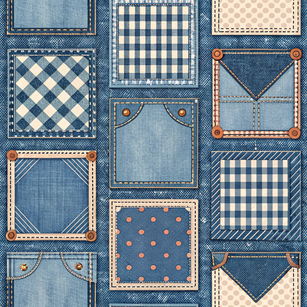 navy blue, denim blue, light blue, cream, coral, copper, plaid, gingham, checkered, diamond pattern, polka dot, striped, geometric, vintage, farmhouse, rustic, quilted, patchwork, denim look, stitched, buttons, dashed lines, traditional, classic, cozy, country, blue and white, blue and cream, coordinating prints, mixed patterns