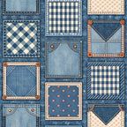 navy blue, denim blue, light blue, cream, coral, copper, plaid, gingham, checkered, diamond pattern, polka dot, striped, geometric, vintage, farmhouse, rustic, quilted, patchwork, denim look, stitched, buttons, dashed lines, traditional, classic, cozy, country, blue and white, blue and cream, coordinating prints, mixed patterns