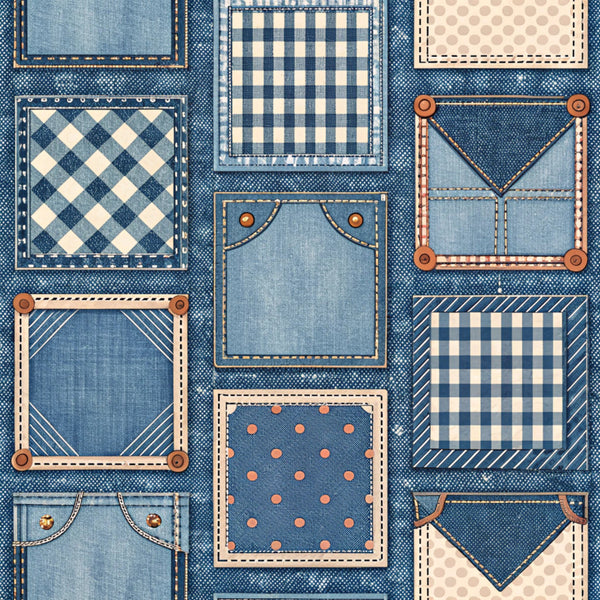 navy blue, denim blue, light blue, cream, coral, copper, plaid, gingham, checkered, diamond pattern, polka dot, striped, geometric, vintage, farmhouse, rustic, quilted, patchwork, denim look, stitched, buttons, dashed lines, traditional, classic, cozy, country, blue and white, blue and cream, coordinating prints, mixed patterns