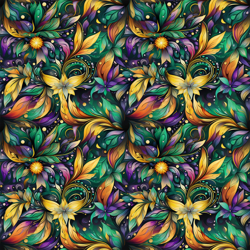 purple, green, yellow, orange, floral pattern, decorative masks, swirling vines, ornate design, mardi gras theme, festive motifs,, fabric panel, botanical elements, carnival masks, jewel tones, repeating pattern, ornamental flourishes, party theme, celebration design