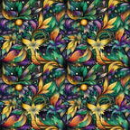 purple, green, yellow, orange, floral pattern, decorative masks, swirling vines, ornate design, mardi gras theme, festive motifs,, fabric panel, botanical elements, carnival masks, jewel tones, repeating pattern, ornamental flourishes, party theme, celebration design