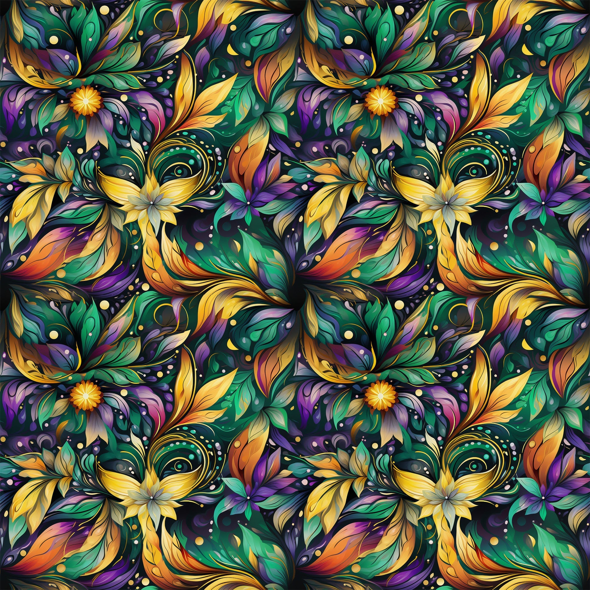 purple, green, yellow, orange, floral pattern, decorative masks, swirling vines, ornate design, mardi gras theme, festive motifs,, fabric panel, botanical elements, carnival masks, jewel tones, repeating pattern, ornamental flourishes, party theme, celebration design