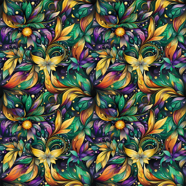 purple, green, yellow, orange, floral pattern, decorative masks, swirling vines, ornate design, mardi gras theme, festive motifs,, fabric panel, botanical elements, carnival masks, jewel tones, repeating pattern, ornamental flourishes, party theme, celebration design