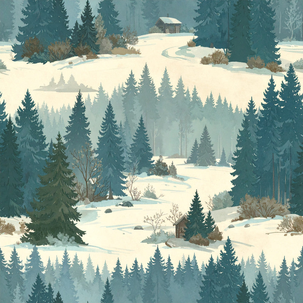 winter landscape, snowy forest, evergreen trees, teal blue, sage green, cream white, misty fog, coniferous trees, mountain scenery, cabin, rustic, peaceful, serene, nature scene, winter wonderland, holiday, cozy, vintage illustration, woodland, nature inspired, conifer forest, icy blue, soft landscape, scenic, traditional, nostalgic, winter aesthetic, forest animals habitat
