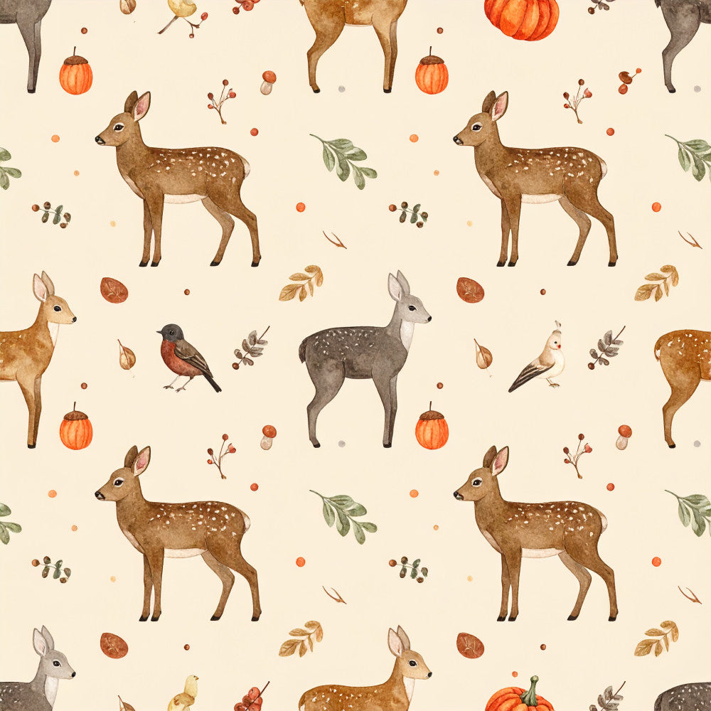 autumn wildlife, woodland animals, deer, pumpkins, fall foliage, birds, rustic, whimsical, cream background, burnt orange, warm brown, forest green, nature theme, seasonal, harvest, woodland creatures, sage green, terracotta, cottage style, farmhouse, children's design, nursery, playroom, earthy tones, botanical elements, leaves, berries, woodland forest, fall decor