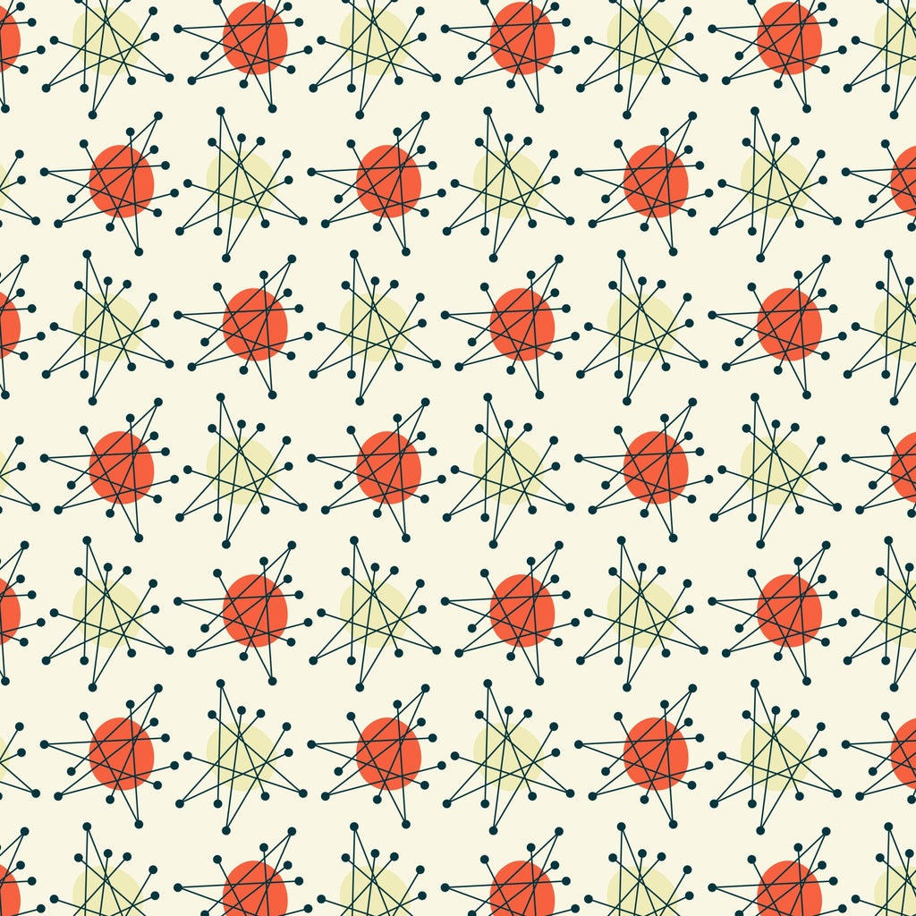 atomic age, starburst pattern, mid-century modern, orange circles, navy blue lines, cream background, geometric design, retro style, 1950s inspired, radiating lines, dot endpoints, repeating motif, modernist aesthetic, quilting cotton, fabric panel, atomic era, sunburst shapes, vintage pattern, minimalist design, angular lines