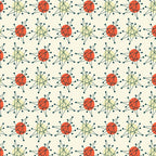 atomic age, starburst pattern, mid-century modern, orange circles, navy blue lines, cream background, geometric design, retro style, 1950s inspired, radiating lines, dot endpoints, repeating motif, modernist aesthetic, quilting cotton, fabric panel, atomic era, sunburst shapes, vintage pattern, minimalist design, angular lines