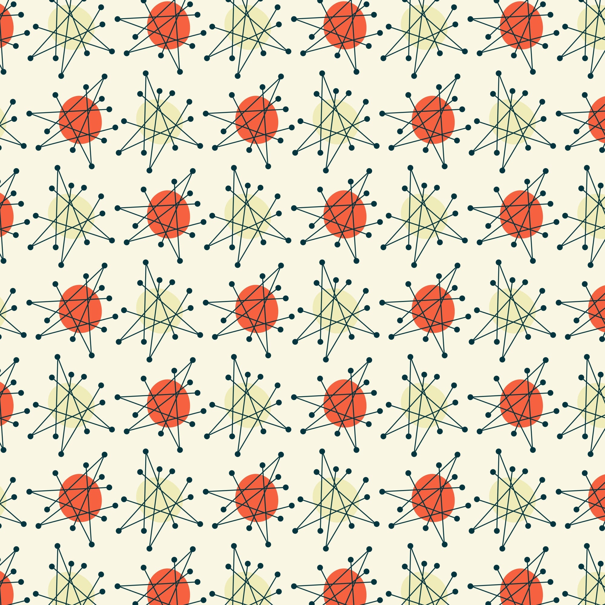 atomic age, starburst pattern, mid-century modern, orange circles, navy blue lines, cream background, geometric design, retro style, 1950s inspired, radiating lines, dot endpoints, repeating motif, modernist aesthetic, quilting cotton, fabric panel, atomic era, sunburst shapes, vintage pattern, minimalist design, angular lines