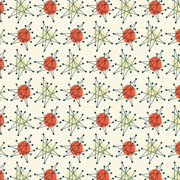atomic age, starburst pattern, mid-century modern, orange circles, navy blue lines, cream background, geometric design, retro style, 1950s inspired, radiating lines, dot endpoints, repeating motif, modernist aesthetic, quilting cotton, fabric panel, atomic era, sunburst shapes, vintage pattern, minimalist design, angular lines
