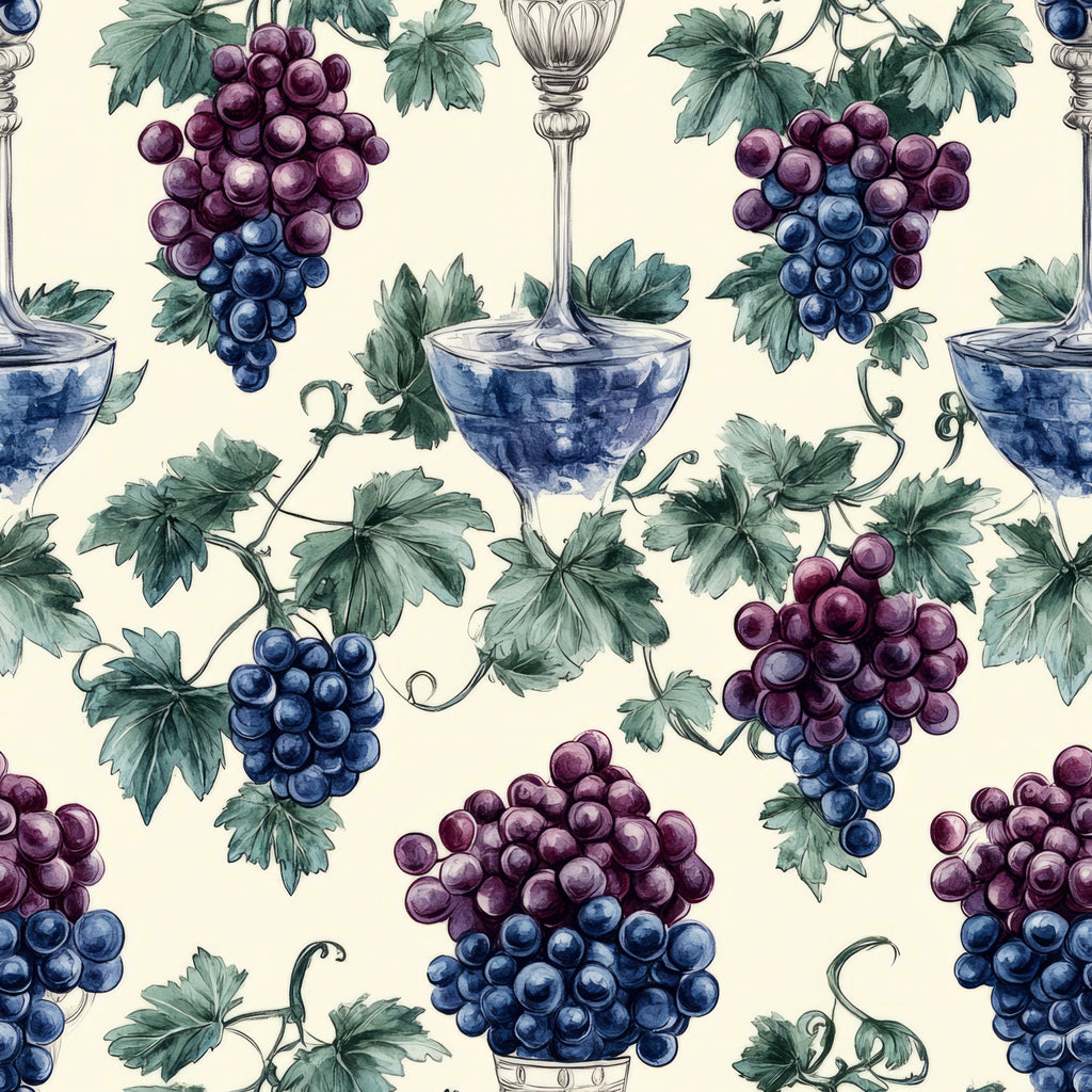 grapes, vineyard, wine glasses, purple grapes, blue grapes, green leaves, grapevines, botanical, fruit pattern, cream background,, fabric panel, wine theme, clusters, tendrils, burgundy, navy blue, sage green, watercolor style, repeating pattern