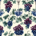 grapes, vineyard, wine glasses, purple grapes, blue grapes, green leaves, grapevines, botanical, fruit pattern, cream background,, fabric panel, wine theme, clusters, tendrils, burgundy, navy blue, sage green, watercolor style, repeating pattern