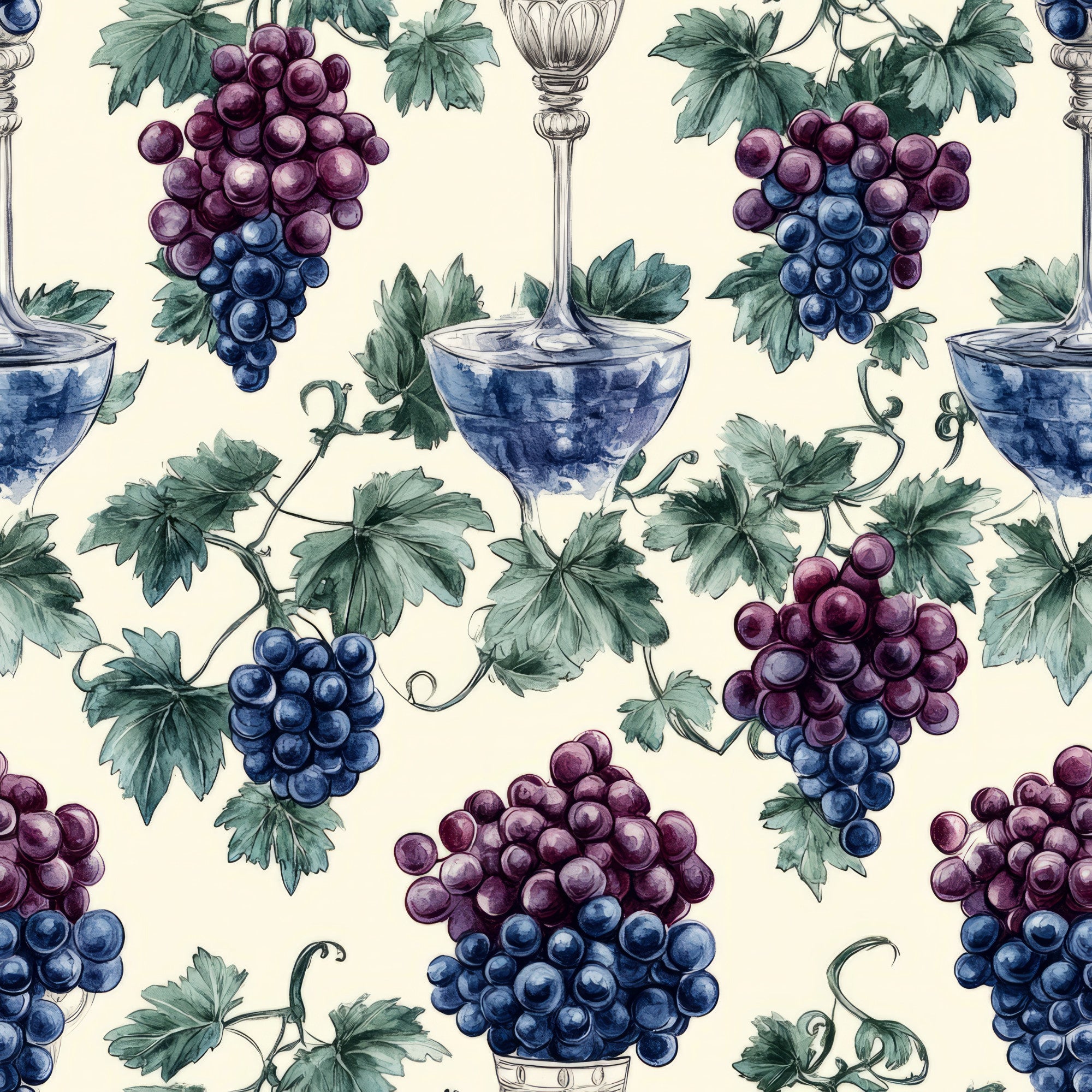 grapes, vineyard, wine glasses, purple grapes, blue grapes, green leaves, grapevines, botanical, fruit pattern, cream background,, fabric panel, wine theme, clusters, tendrils, burgundy, navy blue, sage green, watercolor style, repeating pattern