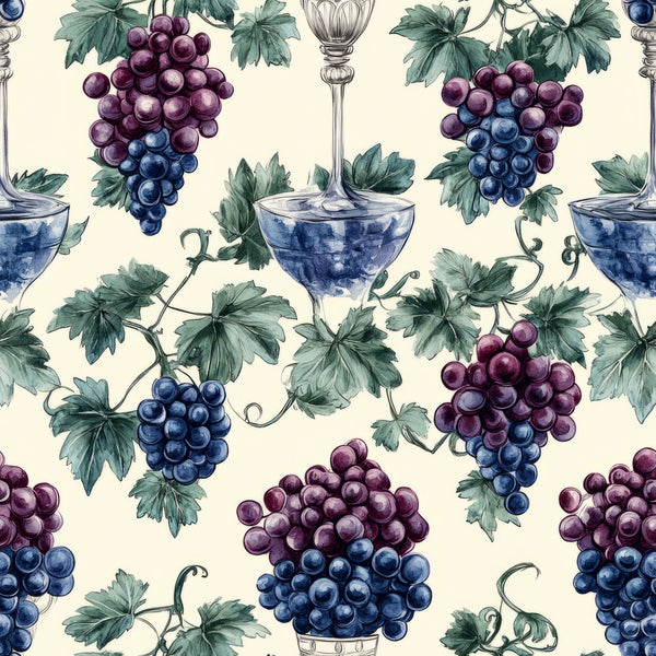 grapes, vineyard, wine glasses, purple grapes, blue grapes, green leaves, grapevines, botanical, fruit pattern, cream background,, fabric panel, wine theme, clusters, tendrils, burgundy, navy blue, sage green, watercolor style, repeating pattern