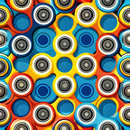 colorful fidget spinners, vibrant pattern, red fidget spinners, yellow fidget spinners, blue fidget spinners, teal accents, orange highlights, geometric shapes, circular motifs, modern design, playful pattern, toy theme,, fabric panel, bright colors, contemporary style, repetitive pattern, spinning toys, kids fabric, craft fabric