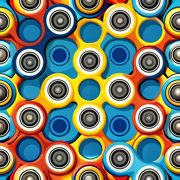 colorful fidget spinners, vibrant pattern, red fidget spinners, yellow fidget spinners, blue fidget spinners, teal accents, orange highlights, geometric shapes, circular motifs, modern design, playful pattern, toy theme,, fabric panel, bright colors, contemporary style, repetitive pattern, spinning toys, kids fabric, craft fabric