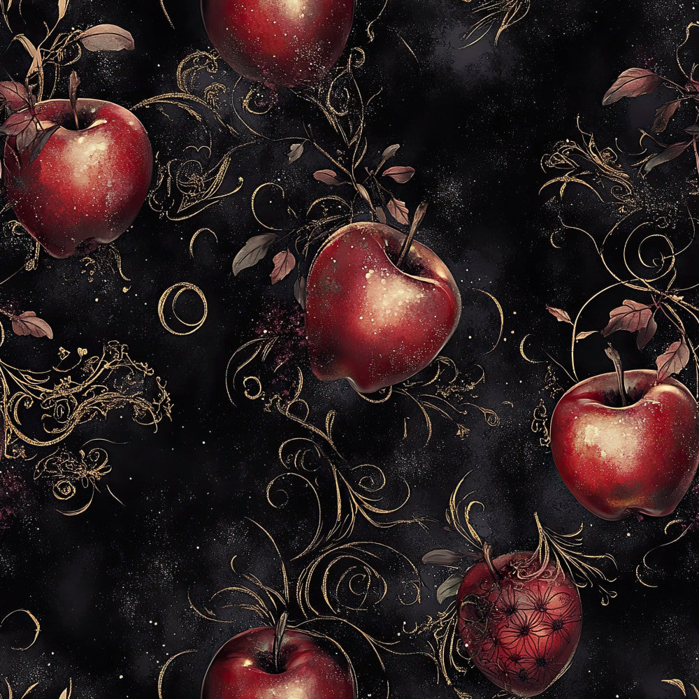 deep red, burgundy, black, gold, wine red, celestial, stars, sparkles, apples, botanical, ornamental vines, scrollwork, elegant, luxurious, fairy tale, enchanted, whimsical, dark academia, gothic, vintage botanical, autumn, harvest, snow effect, glitter, magical, nature-inspired, ornate, romantic, sophisticated