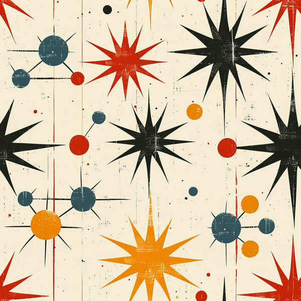 retro starburst, mid-century modern, atomic design, cream background, red starbursts, orange starbursts, black starbursts, teal circles, geometric shapes, vintage pattern, 1950s style, space age, atomic era,, fabric panel, modernist design, angular shapes, celestial motifs, retro atomic, starburst motifs