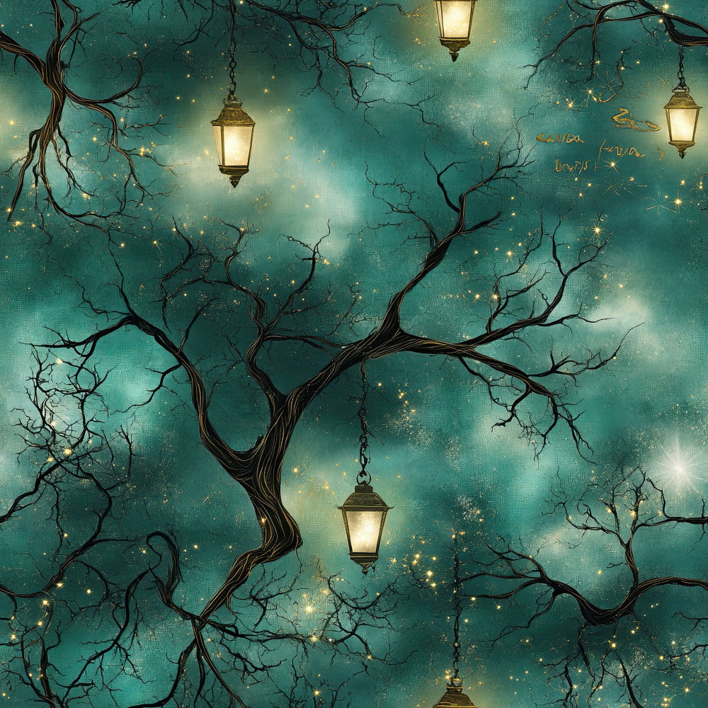 teal, turquoise, forest green, gold, brass, mystical, magical, whimsical, celestial, stars, starry night, lanterns, branches, trees, nature, enchanted, fantasy, vintage, elegant, nocturnal, nighttime, dreamy, ethereal, sparkles, glowing lights, dark branches, moody, atmospheric, twilight, literary