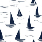 navy blue, white, sailboats, boats, water waves, nautical, maritime, ocean, sea, sailing, repeating pattern, cotton fabric, quilting panel, geometric, minimalist style, clean lines, marine theme, coastal, fabric panel, seamless pattern