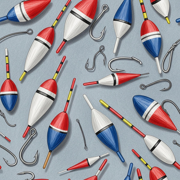 fishing theme, nautical, red and white, navy blue, fishing hooks, bobbers, fishing lures, fish tackle, outdoor adventure, sports, recreational fishing, whimsical, fun, playful, kids room, boy's room, playroom, striped, colorful, vintage style, traditional, bright colors, white, black stripes, yellow accents, water sports, cabin style, rustic, casual