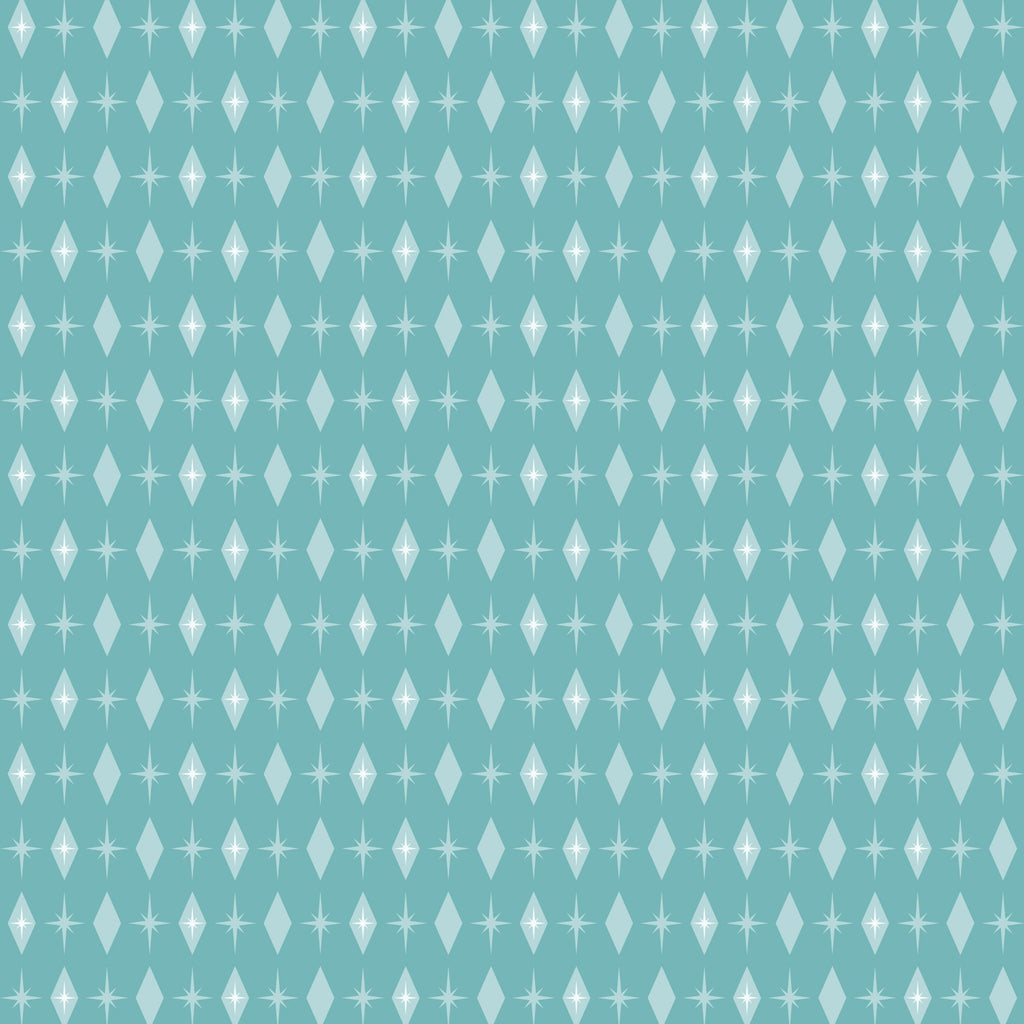 turquoise, mint green, white, atomic starburst, mid-century modern, geometric pattern, diamond shapes, star motifs, retro design, vintage style,, fabric panel, repeating pattern, modernist aesthetic, 1950s inspired, atomic age, minimalist design, craft fabric, sewing material
