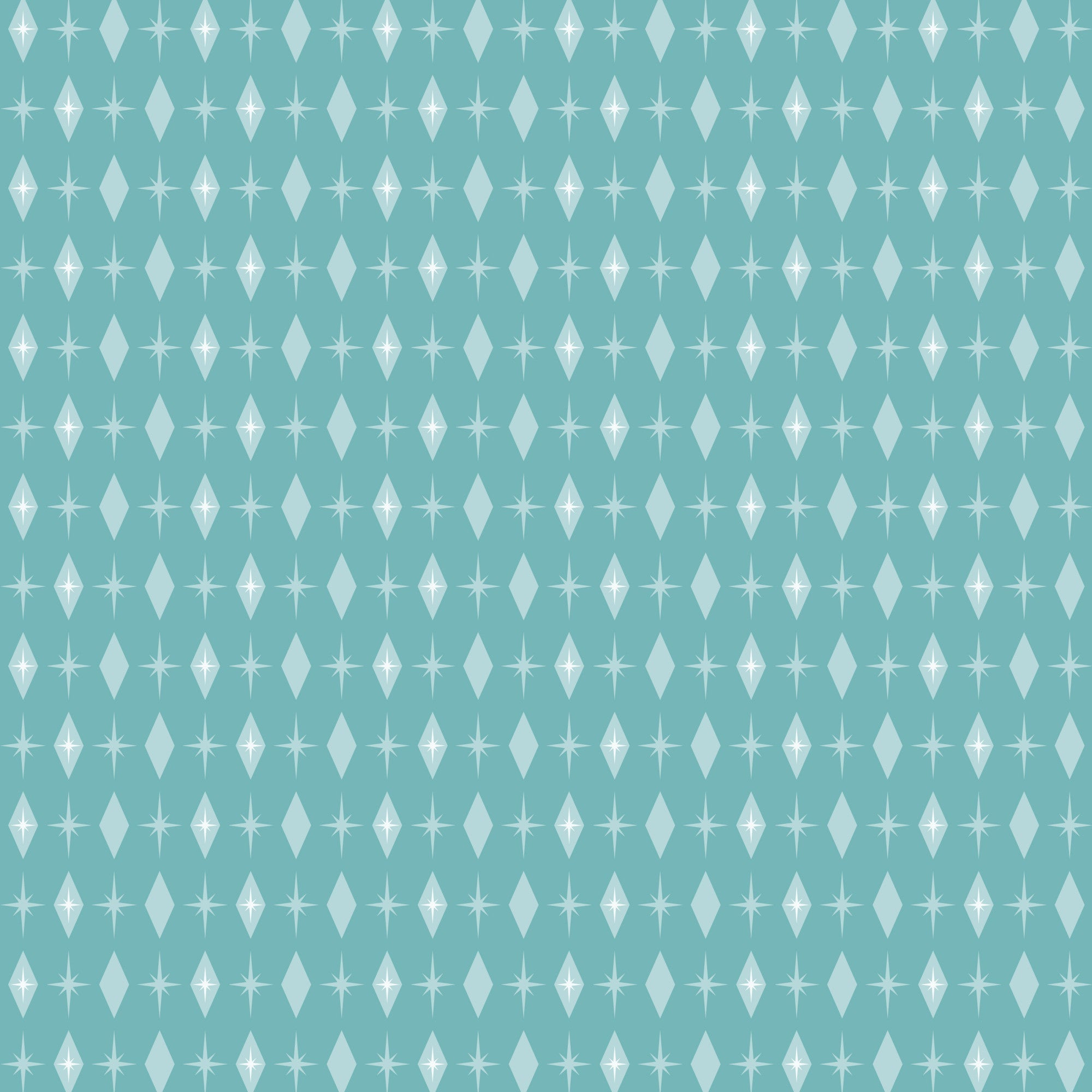 turquoise, mint green, white, atomic starburst, mid-century modern, geometric pattern, diamond shapes, star motifs, retro design, vintage style,, fabric panel, repeating pattern, modernist aesthetic, 1950s inspired, atomic age, minimalist design, craft fabric, sewing material