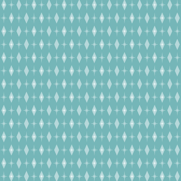 turquoise, mint green, white, atomic starburst, mid-century modern, geometric pattern, diamond shapes, star motifs, retro design, vintage style,, fabric panel, repeating pattern, modernist aesthetic, 1950s inspired, atomic age, minimalist design, craft fabric, sewing material