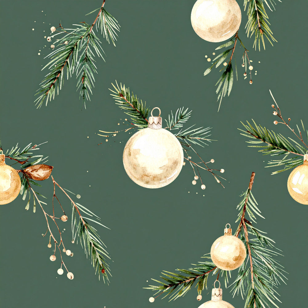 sage green, cream, gold, evergreen, forest green, christmas, holiday, ornaments, baubles, pine branches, winter, festive, elegant, traditional, whimsical, nature, botanical, spheres, metallic accents, berries, needle leaves, conifer, seasonal, gift wrap inspired, vintage holiday, celebration, decorative, sparkle, timeless