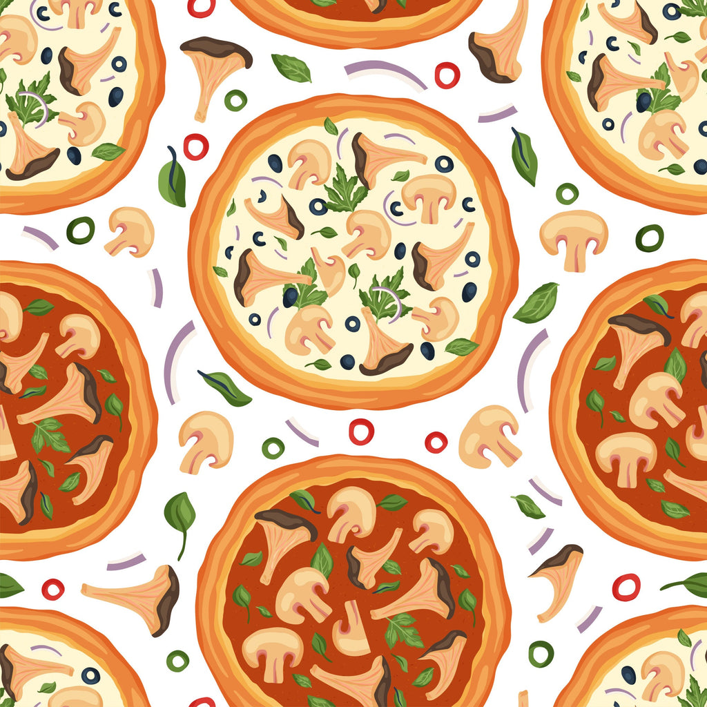 pizza pattern, mushrooms, basil leaves, orange crust, red tomato sauce, cream cheese, green herbs, food illustration, seamless repeat,, fabric panel, italian cuisine, cooking theme, kitchen motif, cartoon style, colorful design, purple onions, scattered ingredients, playful pattern, culinary art