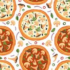 pizza pattern, mushrooms, basil leaves, orange crust, red tomato sauce, cream cheese, green herbs, food illustration, seamless repeat,, fabric panel, italian cuisine, cooking theme, kitchen motif, cartoon style, colorful design, purple onions, scattered ingredients, playful pattern, culinary art
