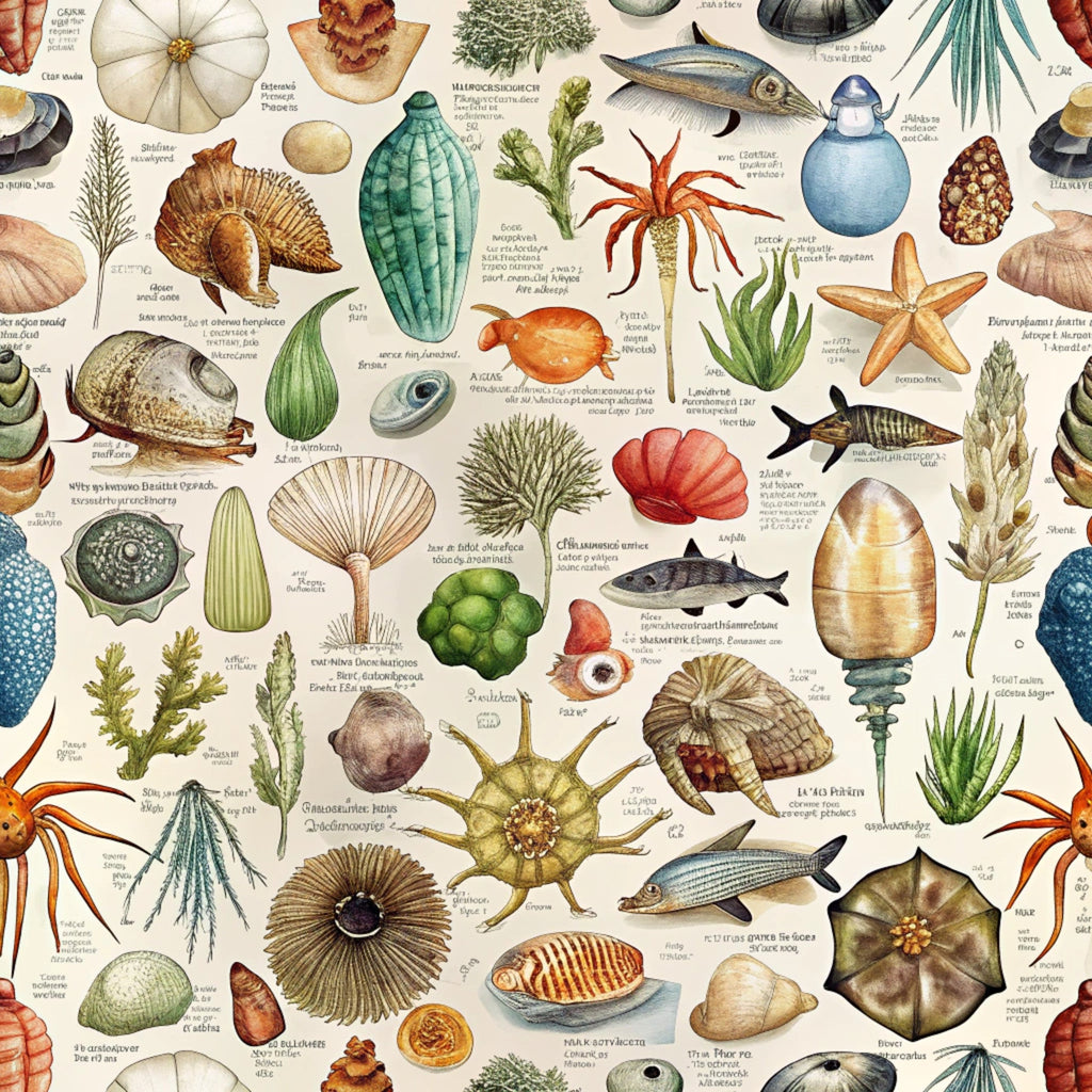 marine life, sea creatures, vintage illustration, botanical specimens, coral, starfish, shells, seaweed, fish, scientific drawings, ocean theme, aquatic plants, natural history, beige background, watercolor style,, fabric panel, nautical, underwater world, specimen collection, marine biology, vintage scientific