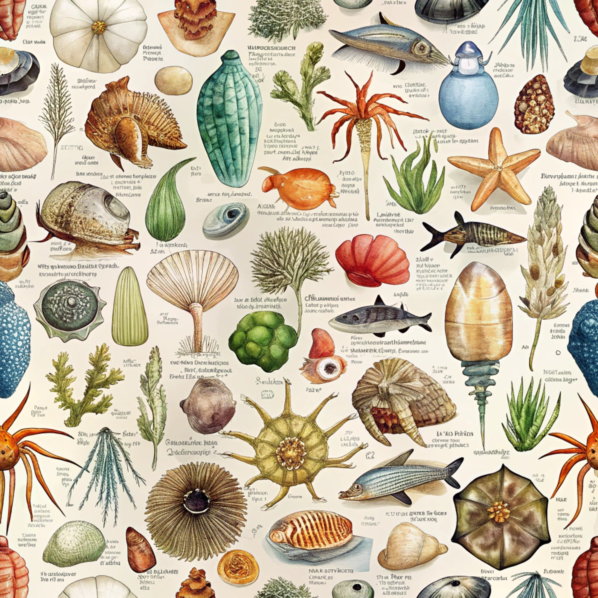 marine life, sea creatures, vintage illustration, botanical specimens, coral, starfish, shells, seaweed, fish, scientific drawings, ocean theme, aquatic plants, natural history, beige background, watercolor style,, fabric panel, nautical, underwater world, specimen collection, marine biology, vintage scientific