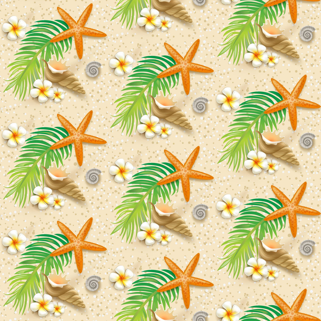 beige, orange, green, white, starfish, palm leaves, tropical flowers, seashells, rope, sand texture, beach theme, summer pattern,, fabric panel, seamless repeat, nautical elements, plumeria flowers, coral starfish, tropical paradise, vacation vibes
