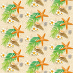 beige, orange, green, white, starfish, palm leaves, tropical flowers, seashells, rope, sand texture, beach theme, summer pattern,, fabric panel, seamless repeat, nautical elements, plumeria flowers, coral starfish, tropical paradise, vacation vibes