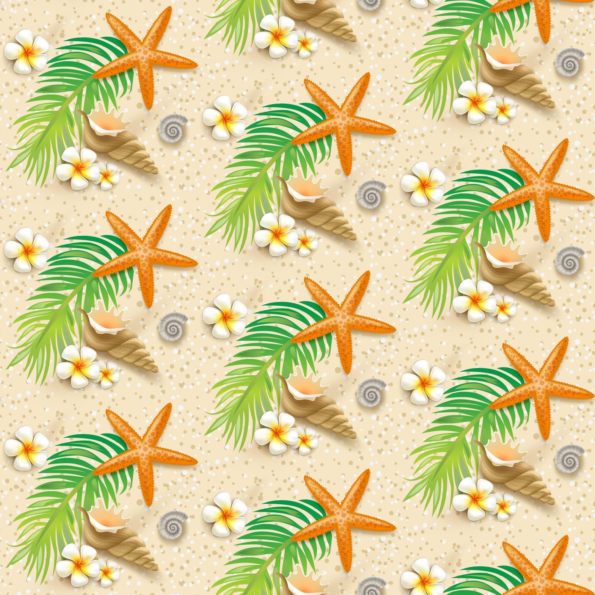 beige, orange, green, white, starfish, palm leaves, tropical flowers, seashells, rope, sand texture, beach theme, summer pattern,, fabric panel, seamless repeat, nautical elements, plumeria flowers, coral starfish, tropical paradise, vacation vibes