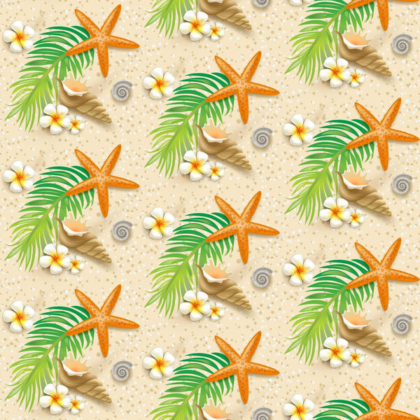 beige, orange, green, white, starfish, palm leaves, tropical flowers, seashells, rope, sand texture, beach theme, summer pattern,, fabric panel, seamless repeat, nautical elements, plumeria flowers, coral starfish, tropical paradise, vacation vibes