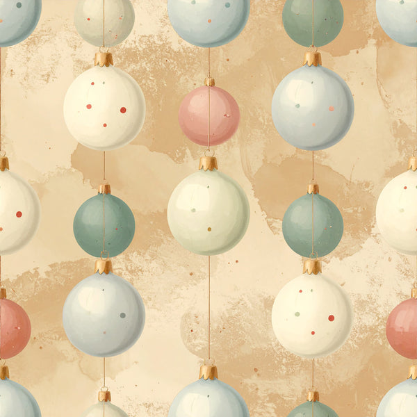 cream, sage green, dusty blue, mauve pink, soft blue, pastel colors, ornaments, baubles, hanging decorations, polka dots, spotted pattern, christmas, holiday, festive, vintage, retro, elegant, whimsical, nursery, baby room, kids room, modern, soft aesthetic, metallic accents, gold caps, winter, festive decor, decorative balls, neutral tones, soft palette