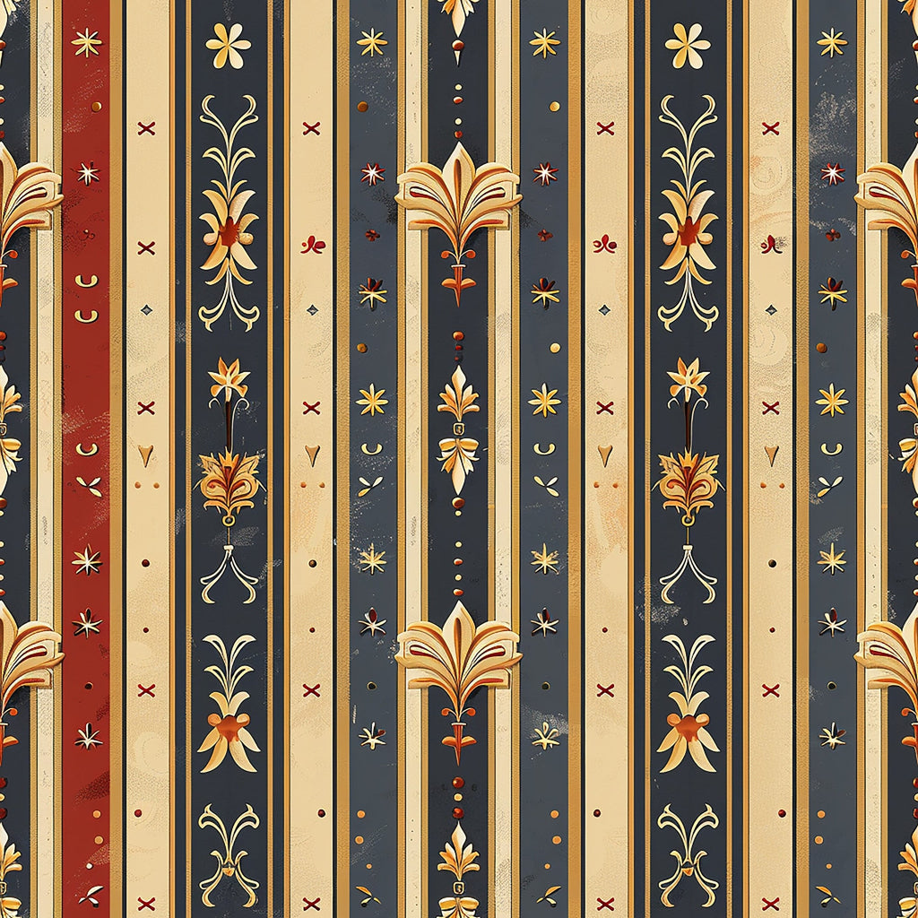 medieval, french pattern, burgundy red, navy blue, cream beige, gold accents, vertical stripes, floral motifs, ornate designs, decorative elements,, fabric panel, renaissance style, heraldic patterns, vintage inspired, royal colors, elegant stripes, botanical designs, damask style, antique finish