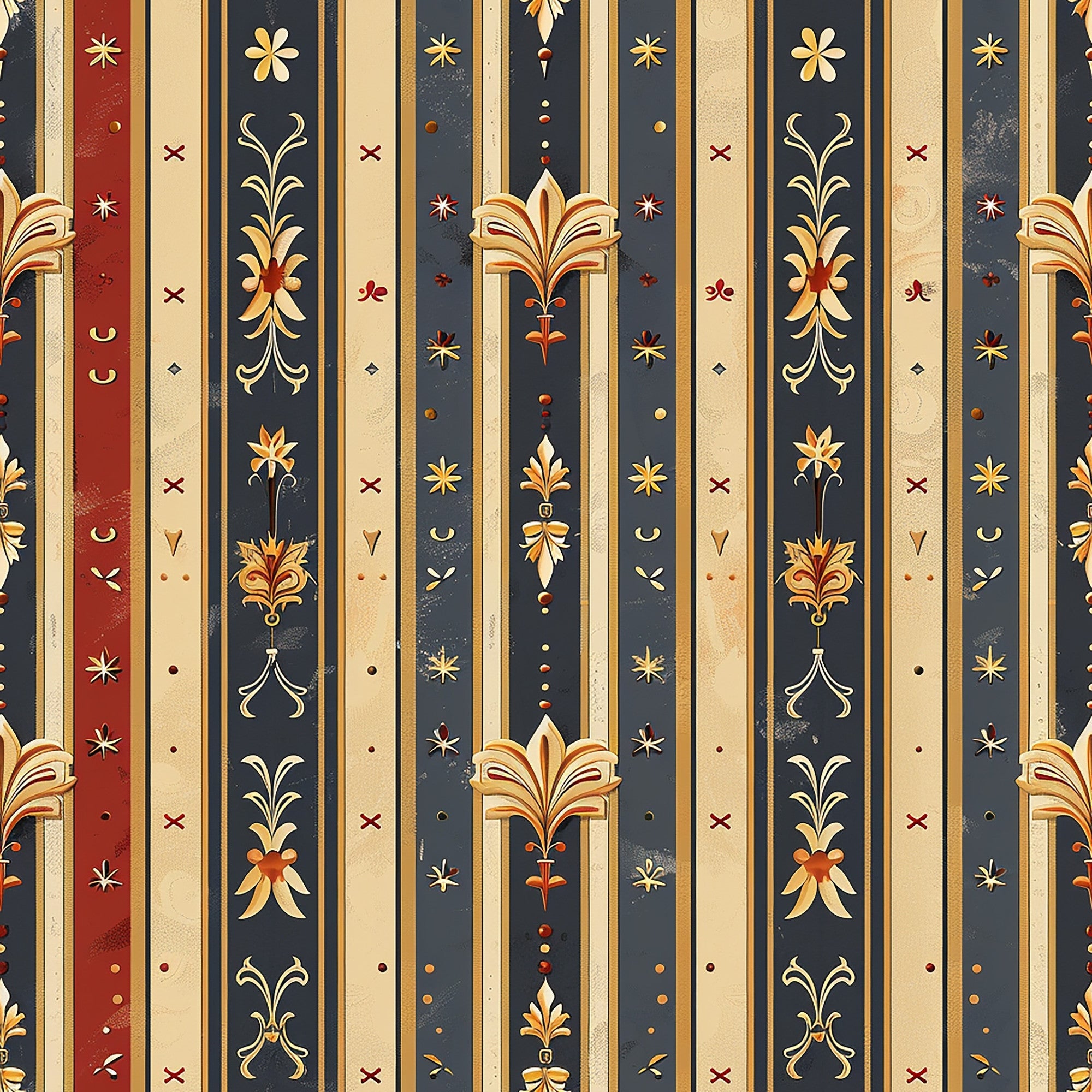 medieval, french pattern, burgundy red, navy blue, cream beige, gold accents, vertical stripes, floral motifs, ornate designs, decorative elements,, fabric panel, renaissance style, heraldic patterns, vintage inspired, royal colors, elegant stripes, botanical designs, damask style, antique finish