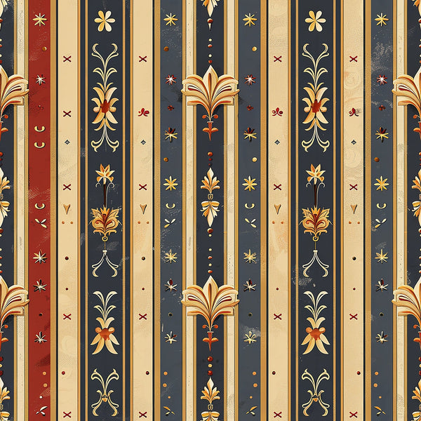 medieval, french pattern, burgundy red, navy blue, cream beige, gold accents, vertical stripes, floral motifs, ornate designs, decorative elements,, fabric panel, renaissance style, heraldic patterns, vintage inspired, royal colors, elegant stripes, botanical designs, damask style, antique finish