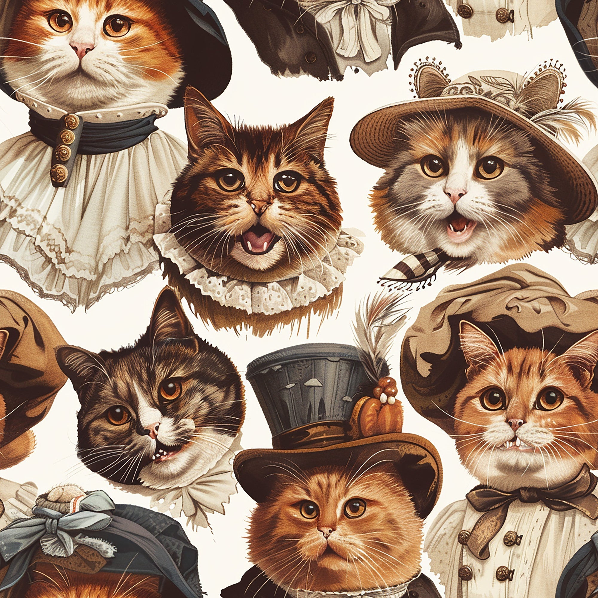 victorian cats, orange tabby, brown tabby, period costumes, top hats, ruffled collars, vintage clothing, ornate hats, feline portraits, sepia tones, cream background, tan colors, amber eyes, whiskers, victorian era,, fabric panel, detailed illustration, realistic cats, period fashion