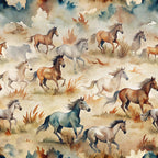 wild horses, watercolor style, brown horses, white horses, gray horses, blue-gray horses, galloping horses, running horses, prairie grass, autumn colors, beige background, cream tones, rustic landscape, western theme, equestrian motif,, fabric panel, flowing manes, horse herd, earthy palette